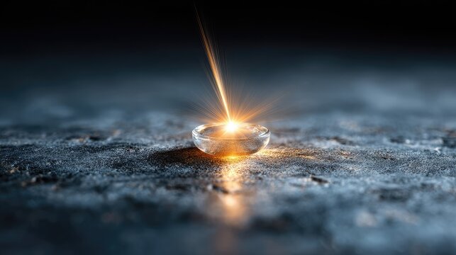 Glimmering Crystal with Light Ray on Dark Surface, Captivating Reflections and Shadows Creating a Mystical Atmosphere in a Minimalist Style