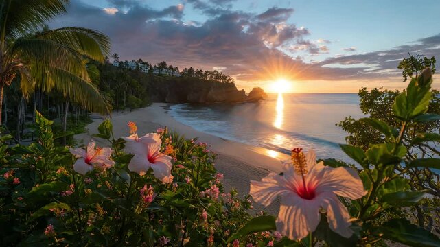 Tropical Beach Sunset with Hibiscus Flowers.