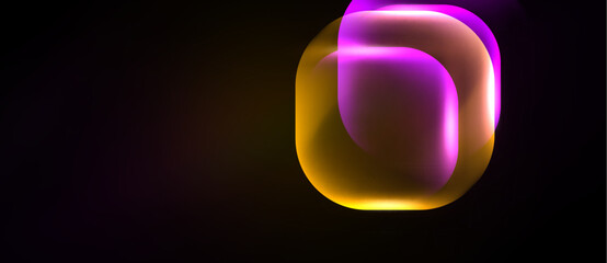 Naklejka premium Abstract glowing shapes overlap, creating luminous effect. Dark background emphasizes vibrant colors, golden hues, purple tones.