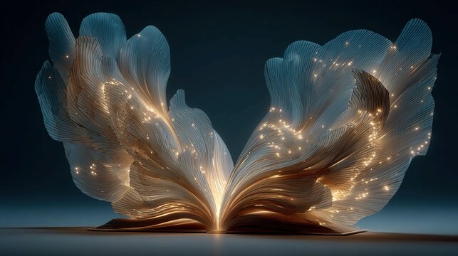 Abstract wings made from layered book pages and soft glowing light representing freedom through education, empowerment and intellectual growth via learning,