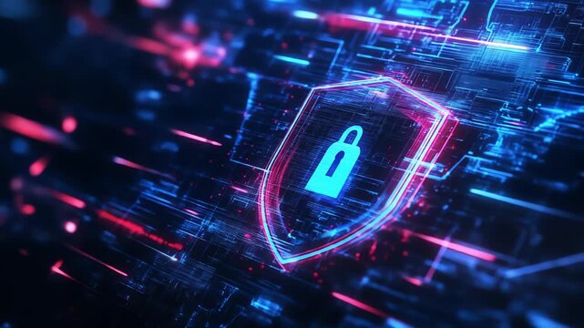 Digital security shield with lock symbol protection and data encryption
