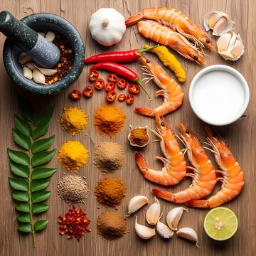 Flat Lay Arrangement of Raw Seafood Prawns with Coconut Milk, Chili Peppers, Garlic and Curry Spices for Authentic Kuruma Recipe Preparation
