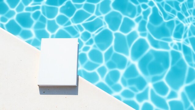 Blank white card casting a shadow on a pool deck next to rippling blue water