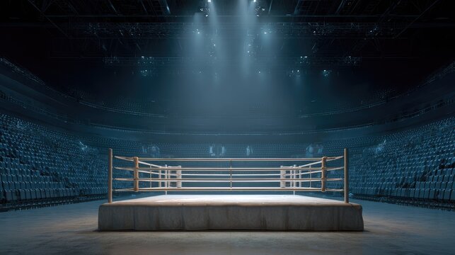 Empty boxing ring illuminated by dramatic lights in a spacious arena with rows of empty seats, creating an atmosphere of anticipation and excitement
