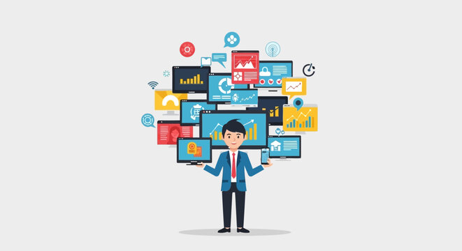 Businessman manages multiple digital projects and data streams using various computing devices to improve his workflow efficiency.