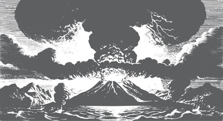 Volcano erupting with ash cloud and lightning over the sea © miht3325