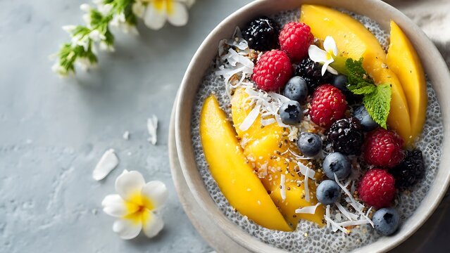 chia seed pudding with mango and mixed berries in white bowl