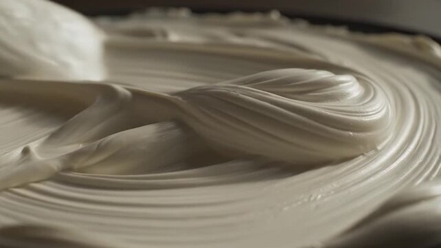 Close-up shot of a creamy, white substance being spread smoothly across a dark surface, creating a textured pattern