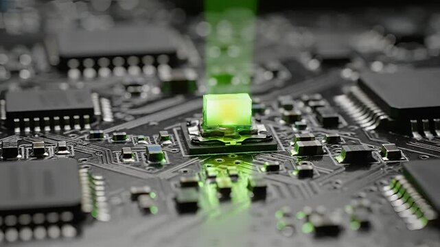 Closeup of a glowing green LED on a complex electronic circuit board.