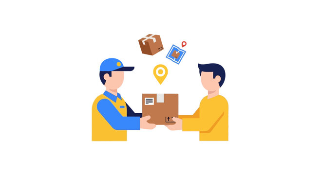 Courier delivers a cardboard parcel to a recipient to complete a logistics shipping service transaction.
