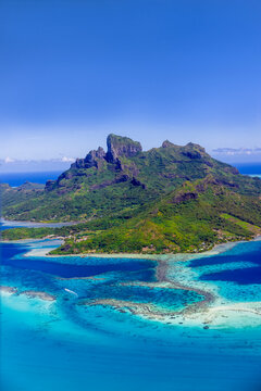 Aerial view of Bora Bora lagoon and Mount Otemanu