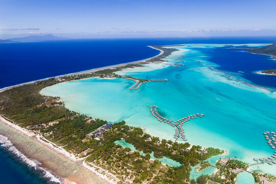 Aerial panorama of Bora Bora lagoon in French Polynesia