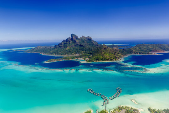 Aerial view of Bora Bora lagoon and Mount Otemanu
