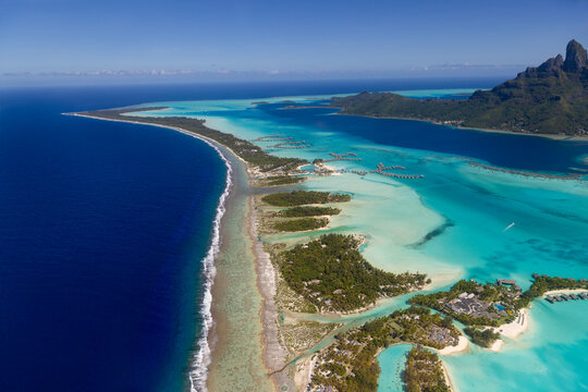 Aerial view of Bora Bora lagoon and reef in French Polynesia