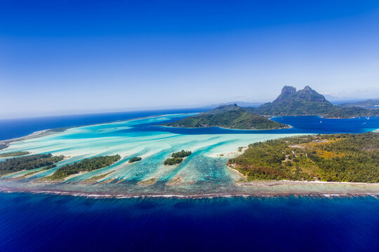 Aerial view of Bora Bora lagoon in French Polynesia