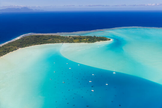 Aerial view of Bora Bora lagoon in French Polynesia