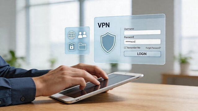 Businessman typing on tablet with holographic VPN interface secure internet connection password protection shield user authentication screen data security concept privacy