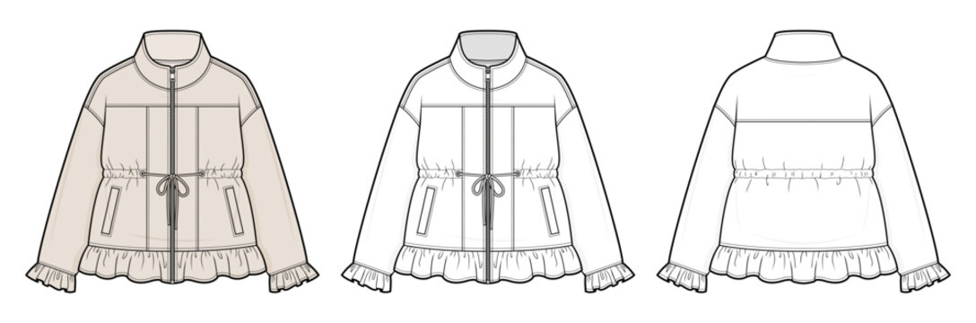 Cinched Waist Ruffle Hem Jacket Technical Fashion Illustration. Women Zip Up Utility Jacket with Drawstring Waist Welt Pockets and Frill Cuffs Vector Template Outerwear CAD Mockup