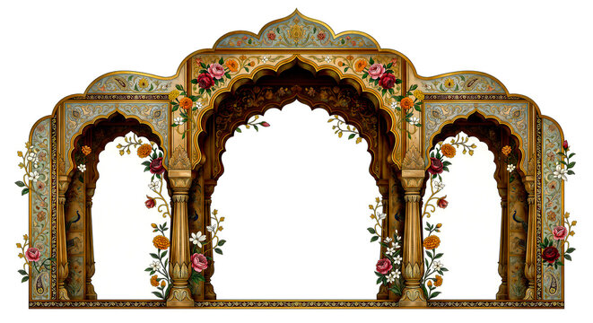 mughal gate design with intricate floral patterns and golden details on transparent background high quality professional detailed modern elegant stylish clean