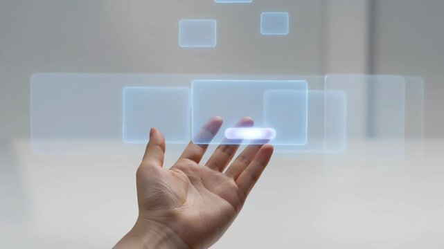 A human hand interacts with a glowing futuristic blue rectangular interface, highlighting the concept of touch screen technology and digital selection.