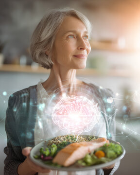 Senior woman holding healthy meal with gut brain hologram overlay showcasing aging wellness longevity nutrition science and healthy lifestyle concept