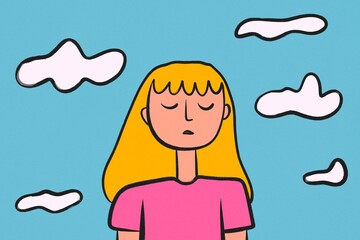 Calm meditating girl illustration under sky with clouds
