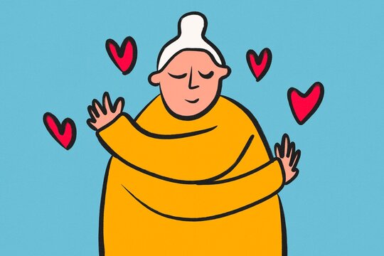 Cute cartoon illustration of self hug with hearts and calm