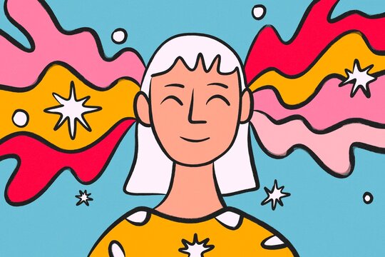 Whimsical portrait with flowing abstract hair and stars