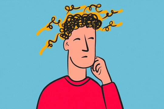 Confused man with tangled thoughts and stress illustration