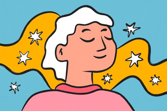 Calm dreamer with flowing hair and stars flat illustration