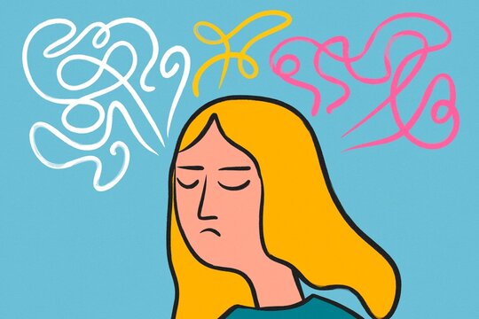 Woman stressed by chaotic thoughts in abstract illustration