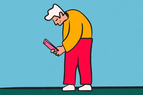 Minimal illustration of man using smartphone on blue background