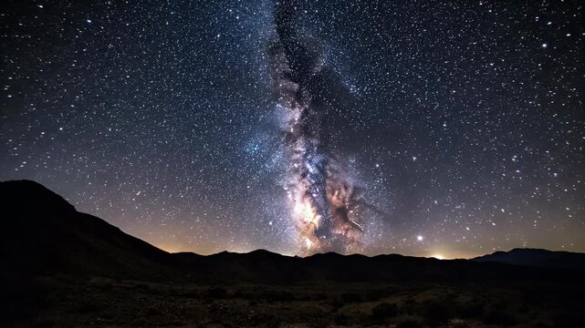 A breathtaking long-exposure photograph captures the Milky Way galaxy arcing across a dark, mountainous landscape, illuminated by a faint glow on the horizon.