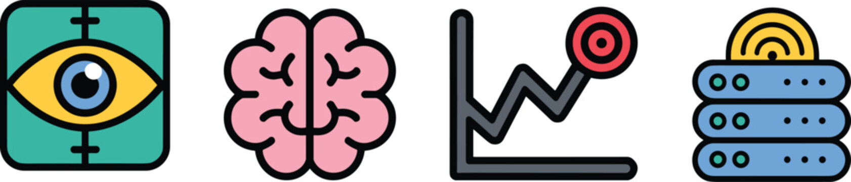 Technology and business data icons set featuring artificial intelligence brain vision tracking analytics and server network flat vector illustrations