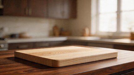 Fototapeta premium Empty wooden chopping board on kitchen countertop blurred background with natural light from window cooking preparation surface food styling mockup template for chefs