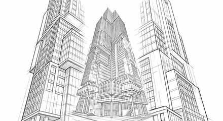 Obraz premium Modern City Skyscraper Architectural Sketch Perspective Urban Office Building Concept for Real Estate Development and Business Growth