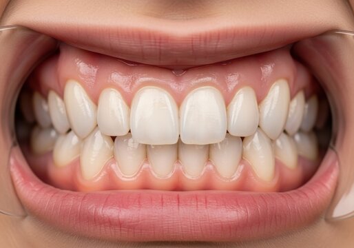 Closeup view of perfectly aligned front teeth showing healthy dental structure and gum line