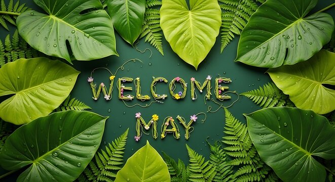 welcome may sign on lush green tropical monstera leaves background spring celebration