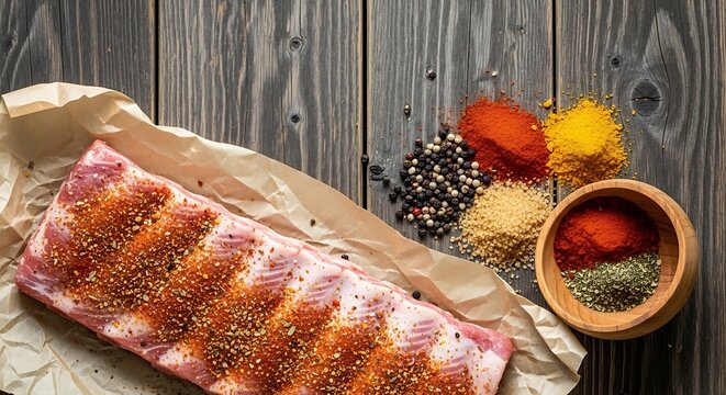 Pork ribs on butcher paper on a wooden table with barbecue seasoning