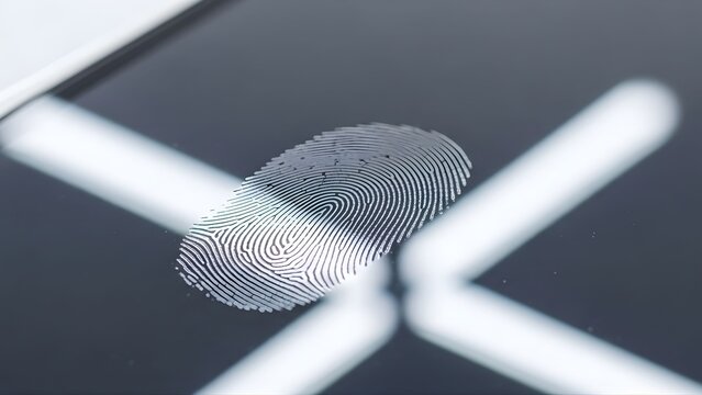 Biometric fingerprint on glass surface, digital security identity scan, forensic thumbprint evidence on dark touchscreen background