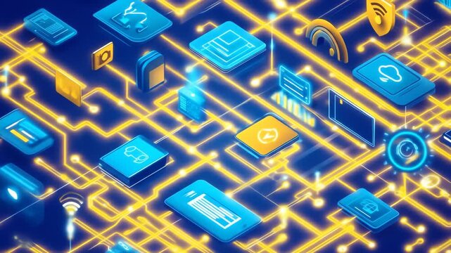 Isometric digital technology illustration with network connections
