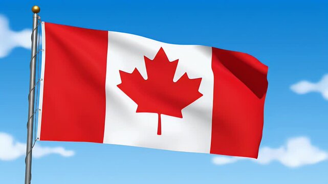 The vibrant Canadian flag waves proudly against a bright blue sky with fluffy white clouds, symbolizing national pride and identity.