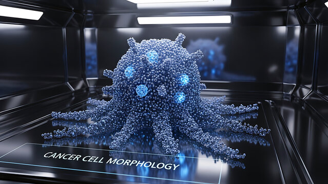 A microscopic view of a cancer cell morphology in a laboratory setting with blue glowing spots and tentacle-like structures.