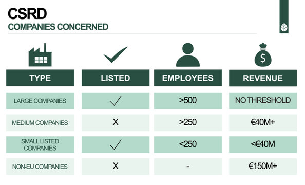 CSRD companies concerned infographic showing categories, employee thresholds and revenue criteria. Clear table explaining which businesses are subject to EU sustainability reporting rules. Vector