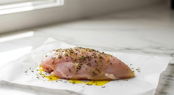 Raw chicken breast on parchment paper with olive oil and herbs