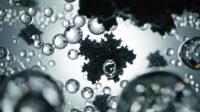 Abstract macro shot of water bubbles and dark shapes floating in a liquid, creating a unique and intriguing visual effect