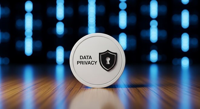 Data privacy concept with shield and lock on wooden table