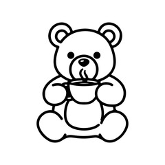 Fototapeta premium Outline of a cute bear drinking tea from cup thick line design Vector illustration