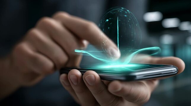 Hand holding phone with glowing biometric lock hologram