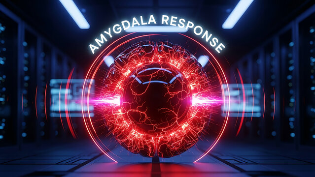 The amygdala response triggers a brain reaction in a futuristic server room environment with a mysterious red glowing orb.